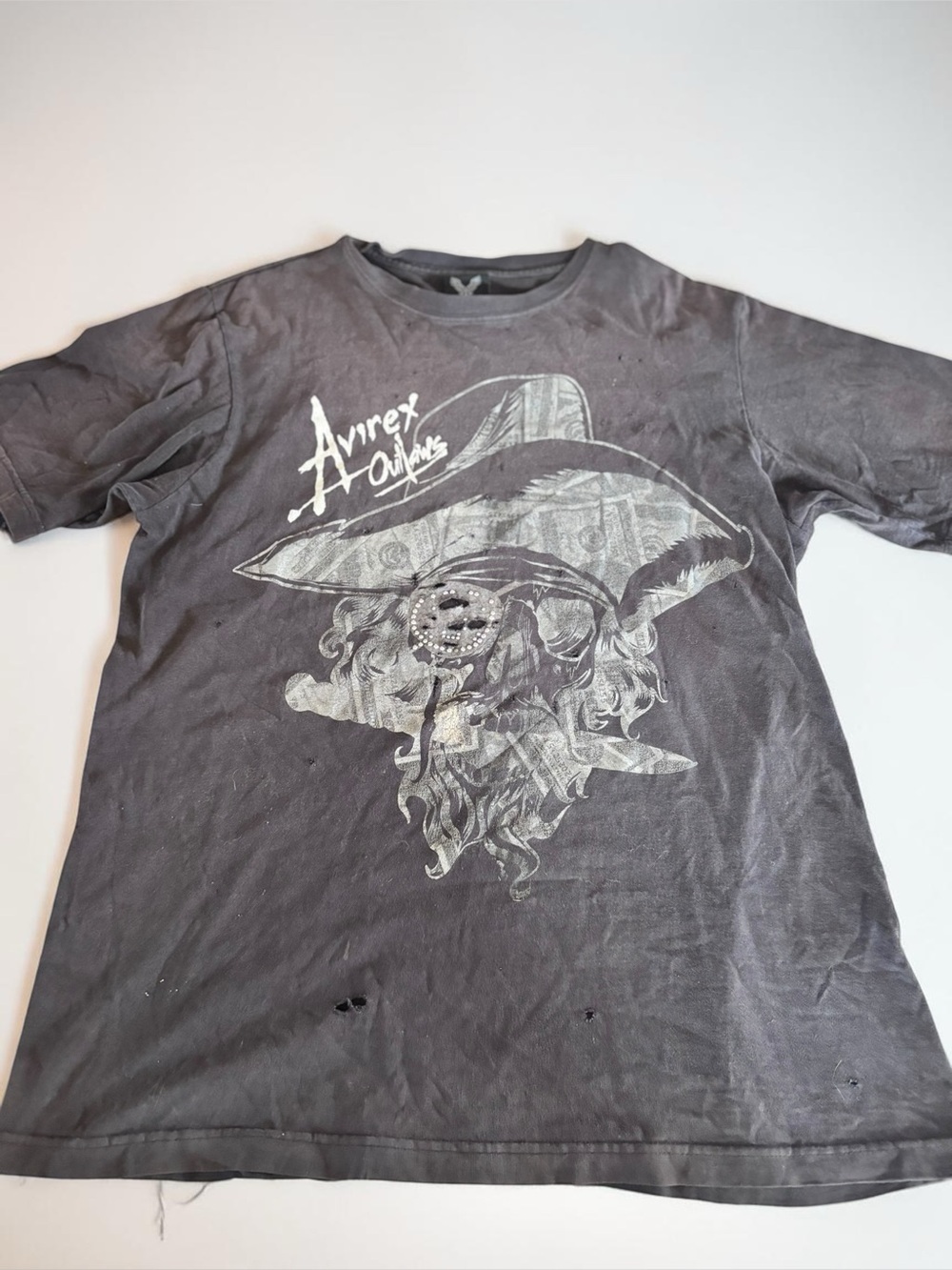 Avirex Outlaws Skull Tee Distressed Y2K Grunge Graphic Shirt L